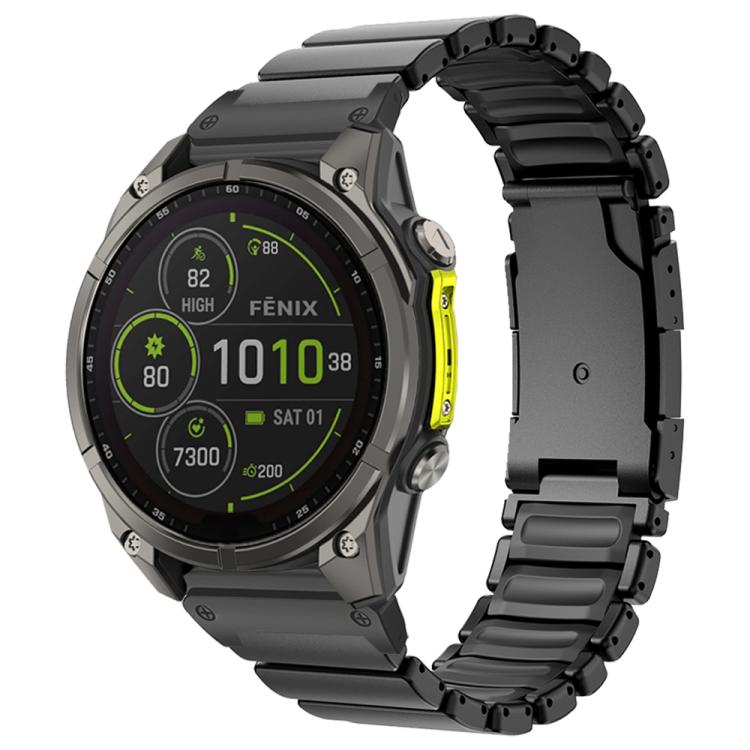 All-black metal and silicone watch band fitted to a Garmin watch.