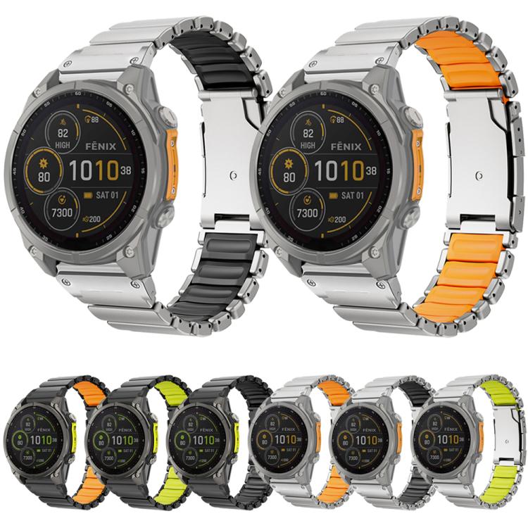 Garmin watches display metal and silicone bands in black, orange, and bright green color combinations.