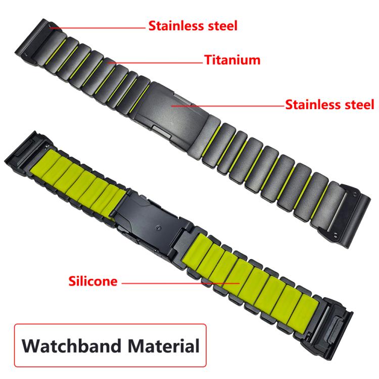 Watch band material diagram showing metal links and silicone panels in black and bright green.