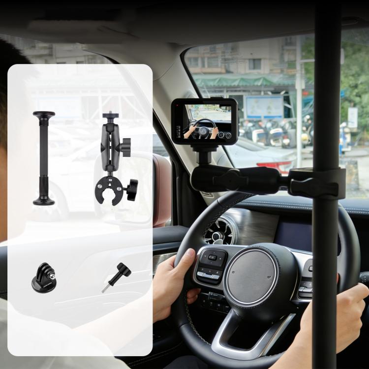 In-car camera mount support pole with phone clamp and crank-style arm