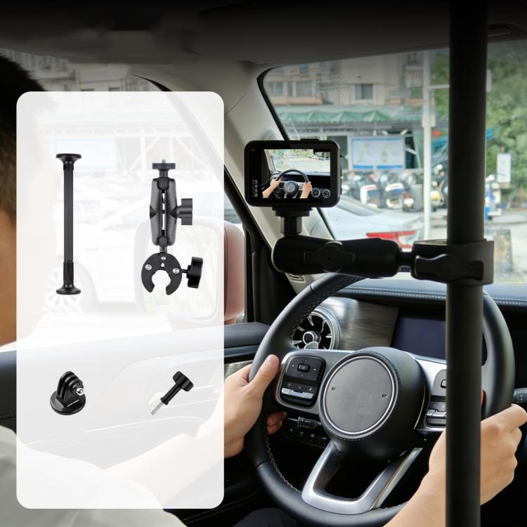 In-car camera mount support pole with phone clamp and adjustable side arm