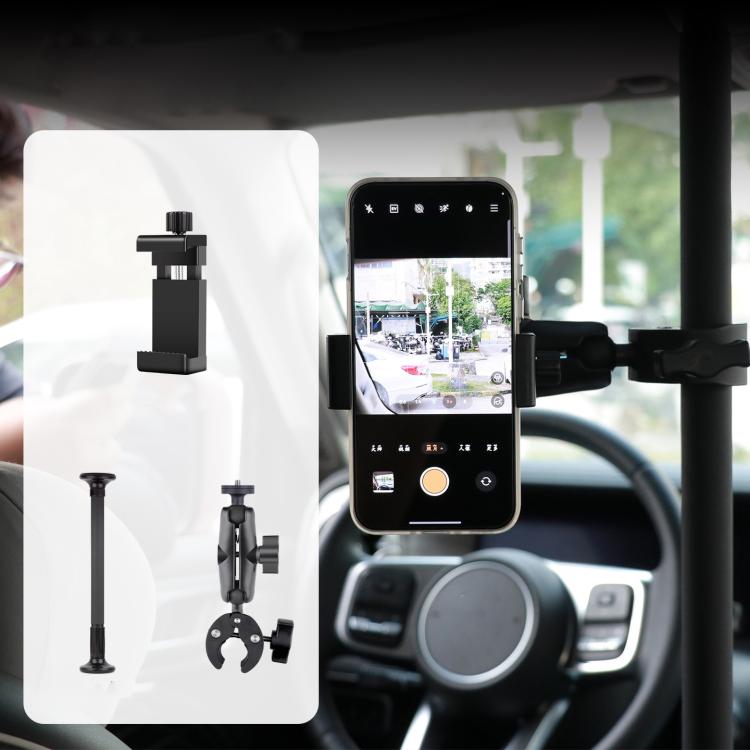Adjustable in-car camera mount support pole with phone clamp and dashboard stand