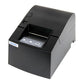 Black thermal receipt printer with open top and visible paper feed mechanism