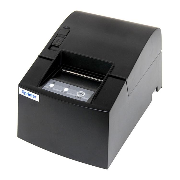 Black thermal receipt printer with open top and visible paper feed mechanism