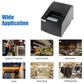 Black thermal receipt printer marketing view with wide application images