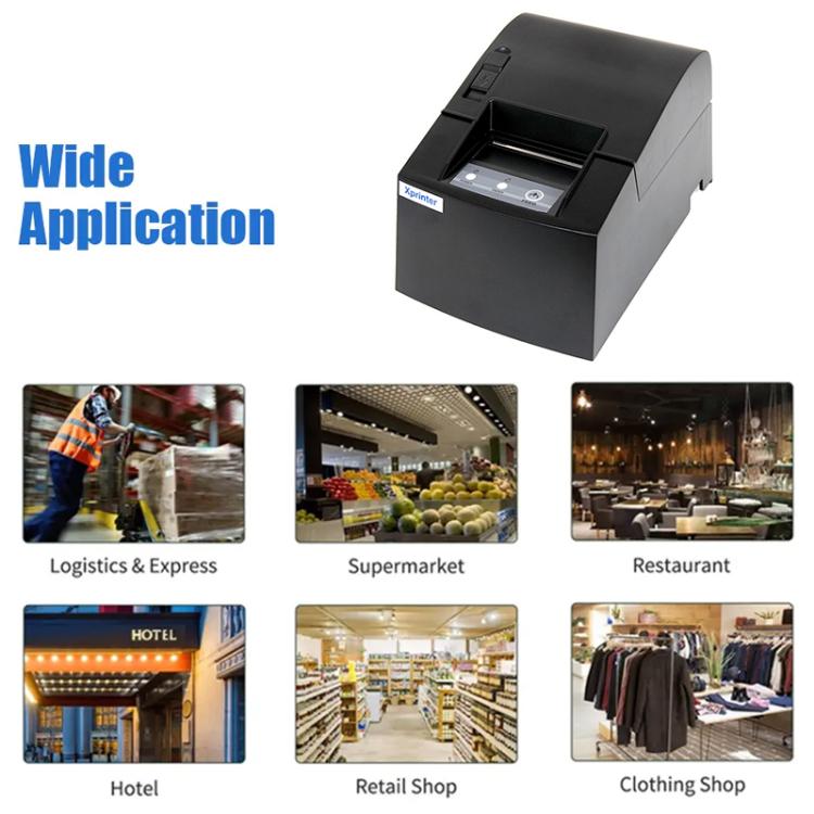 Black thermal receipt printer marketing view with wide application images