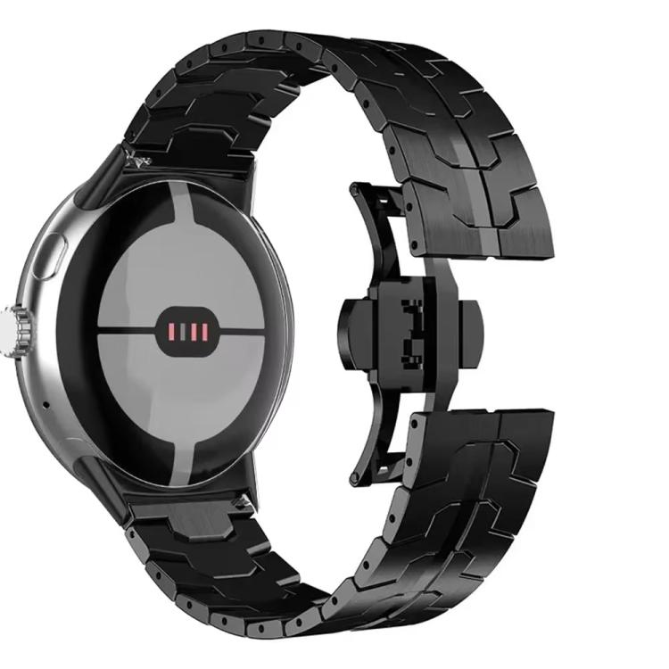 Black metal-link watch band with butterfly clasp, shown attached to a smartwatch.