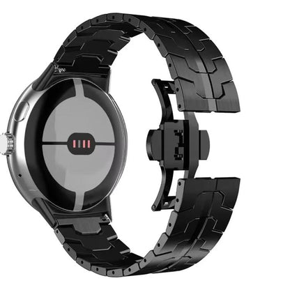Black metal-link watch band with butterfly clasp, shown attached to a smartwatch.
