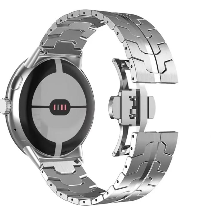 Silver metal-link watch band with butterfly clasp, shown attached to a smartwatch.