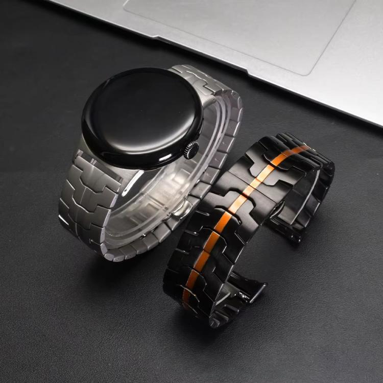 Black metal-link watch band with orange center stripe beside a smartwatch.