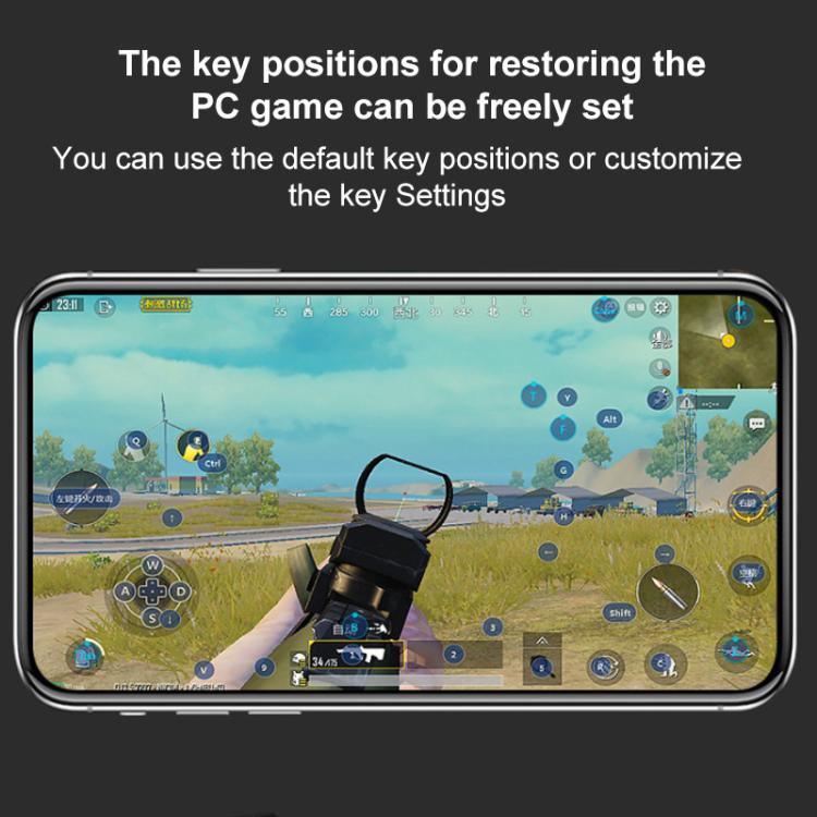 JCHF mobile gaming adapter connected to a smartphone showing controls