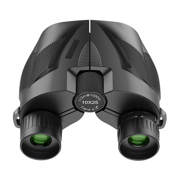 Compact black binoculars with green objective lenses and central focus wheel