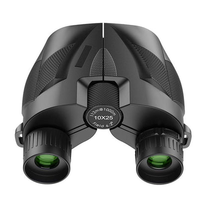 Compact black binoculars with green objective lenses and central focus wheel