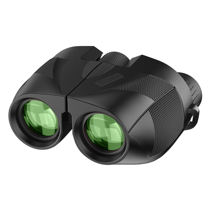 Black binoculars with textured grip and green eyepiece lenses, angled view