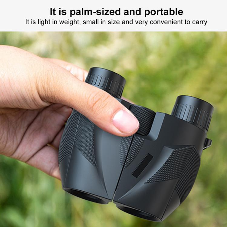 Palm-sized black binoculars with textured grip and adjustable focus rings