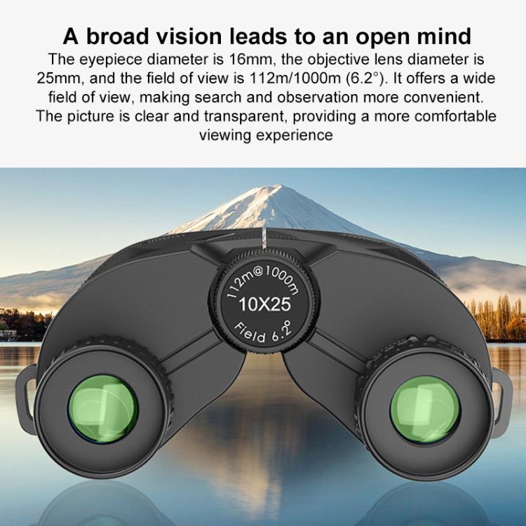 Black binoculars with green eyepiece lenses and central hinge, front view