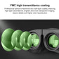 Black binoculars with close-up of green lens elements and optical coating effect