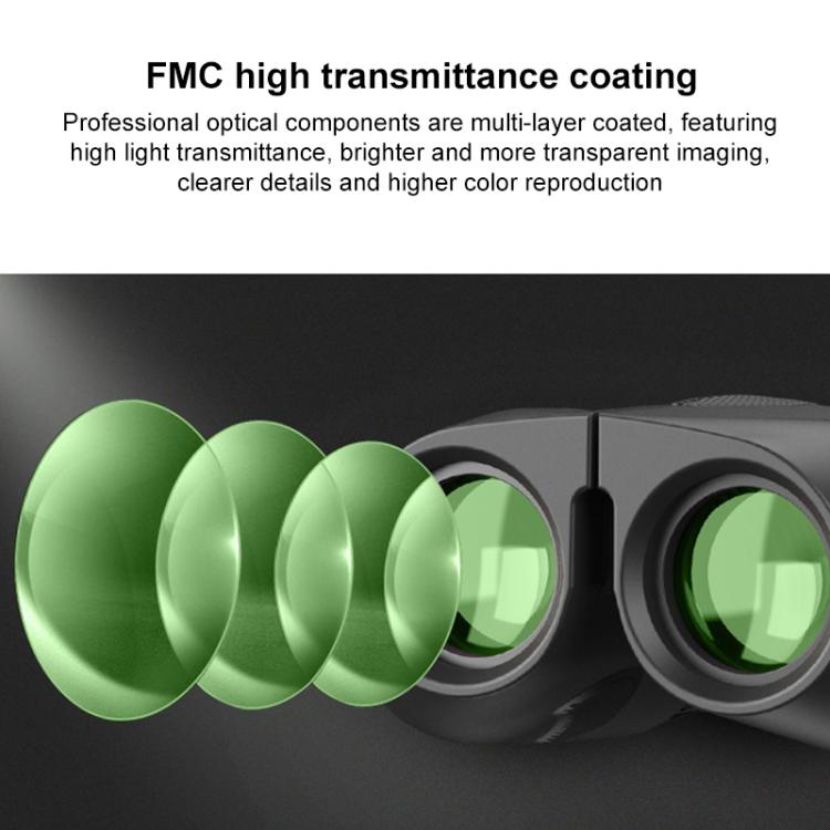 Black binoculars with close-up of green lens elements and optical coating effect