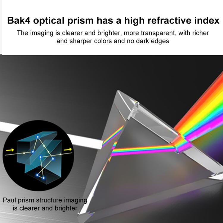 Binocular optical prism diagram with rainbow light beams and reflective prism surfaces