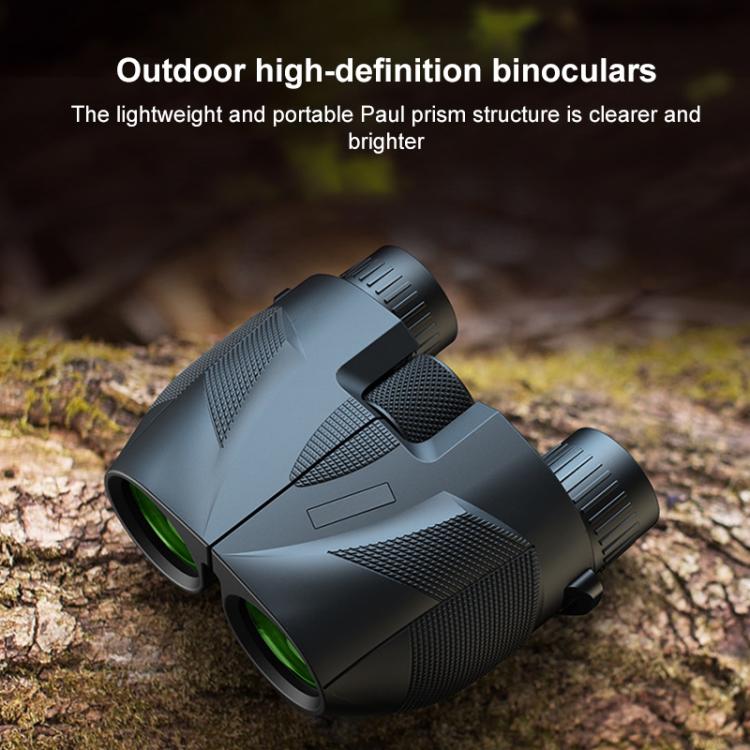 Black binoculars with textured grip and green eyepiece lenses, three-quarter view