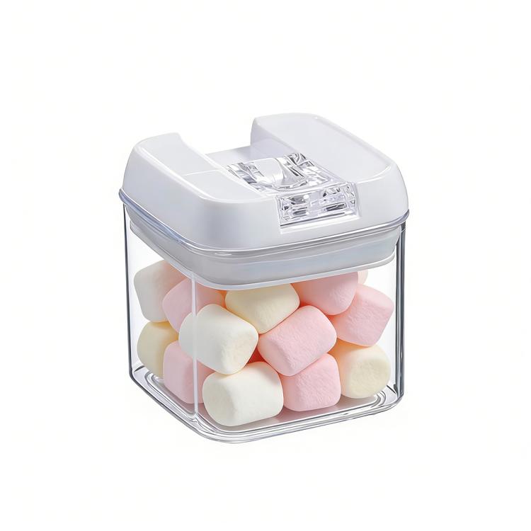 Food storage container set with clear walls and white sealed lid, filled with pastel marshmallows
