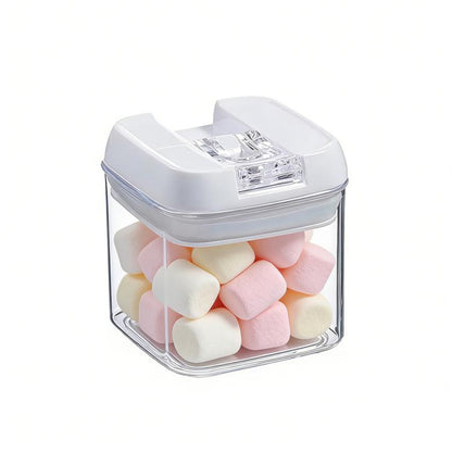 Food storage container set with clear walls and white sealed lid, filled with pastel marshmallows