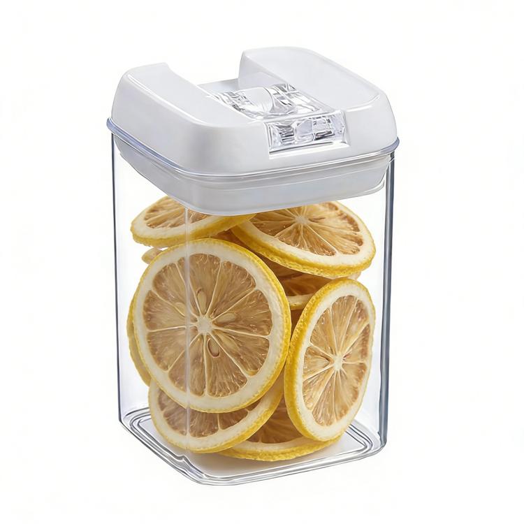 Food storage container set with clear body and white lid, holding sliced lemon rounds