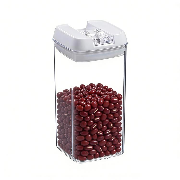 Food storage container set with clear body and white sealed lid, filled with red beans