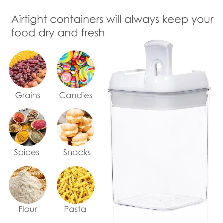 Food storage container set with clear jar and white lid, suited for dry pantry storage