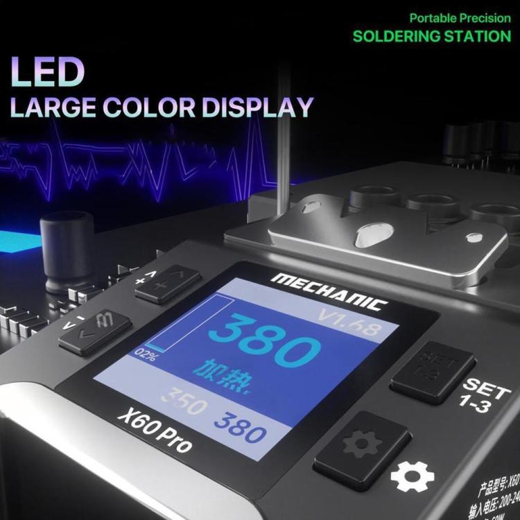 Soldering station front view with blue LCD display and green-tipped iron