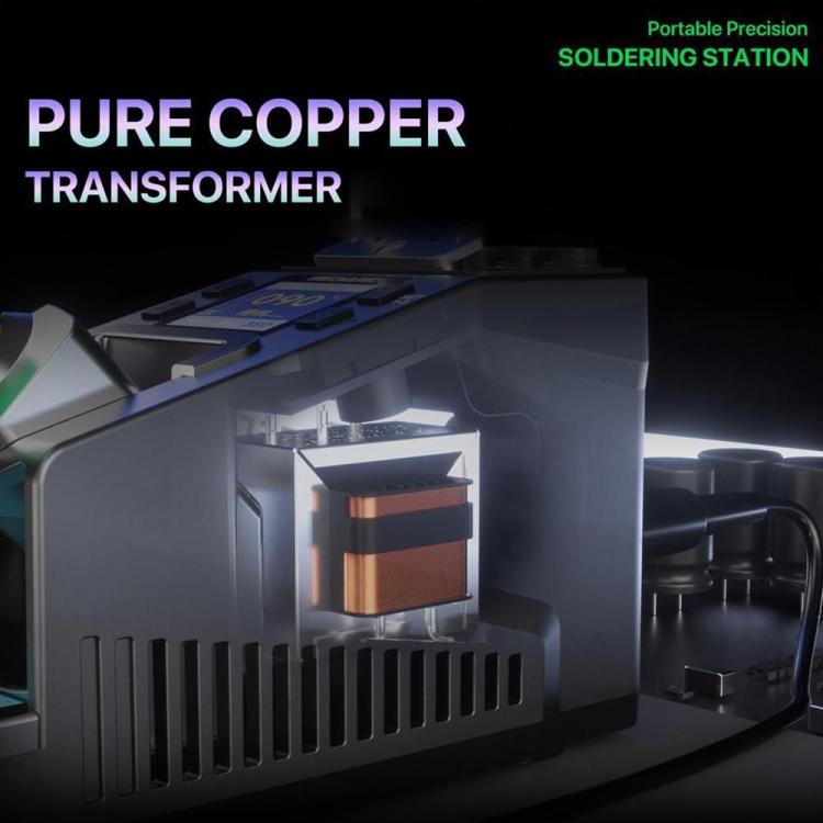 Portable soldering station with internal coil view and green-tipped soldering iron