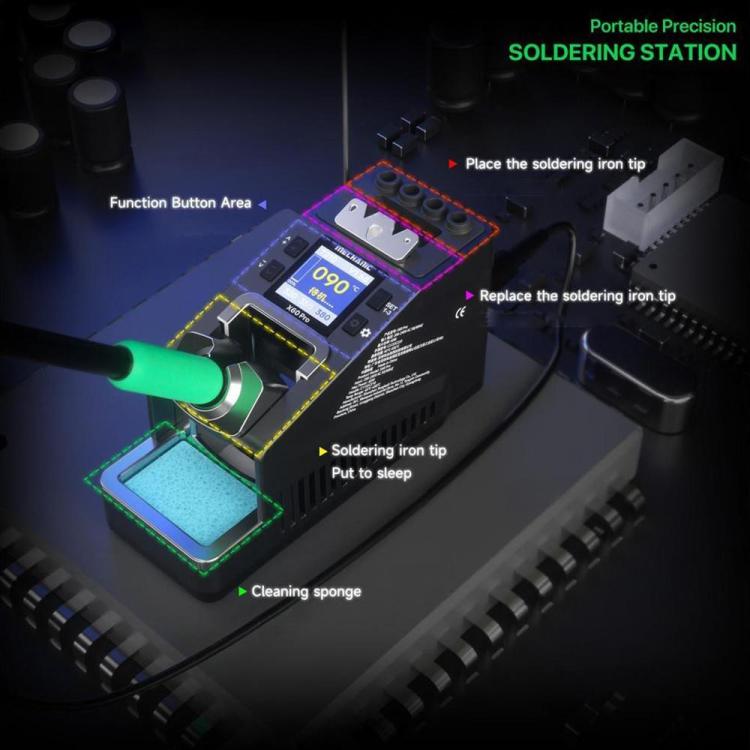 Soldering station control panel showing blue screen with green soldering iron tip