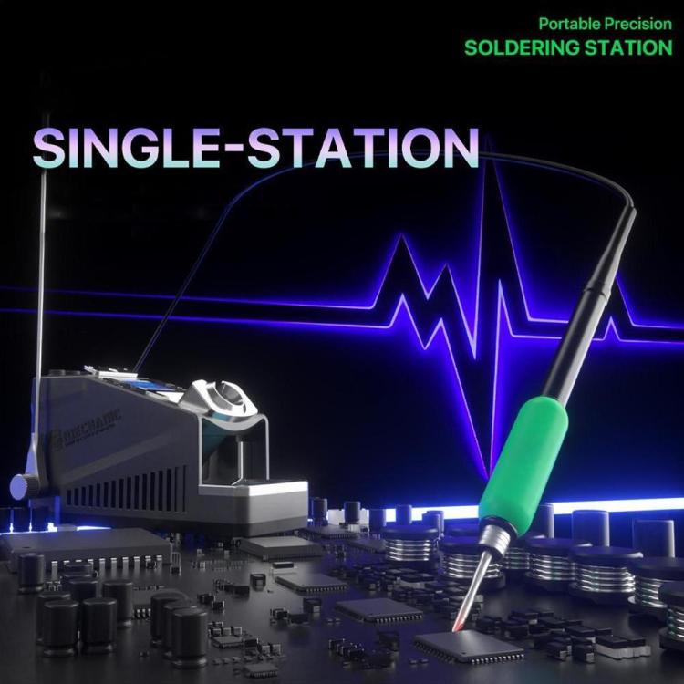 Portable precision soldering station with green-tipped iron and attached holder stand