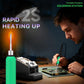 Handheld soldering with green-tipped iron on a circuit board and station base