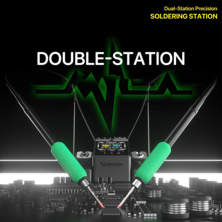 Dual-station precision soldering station with two green soldering iron tips