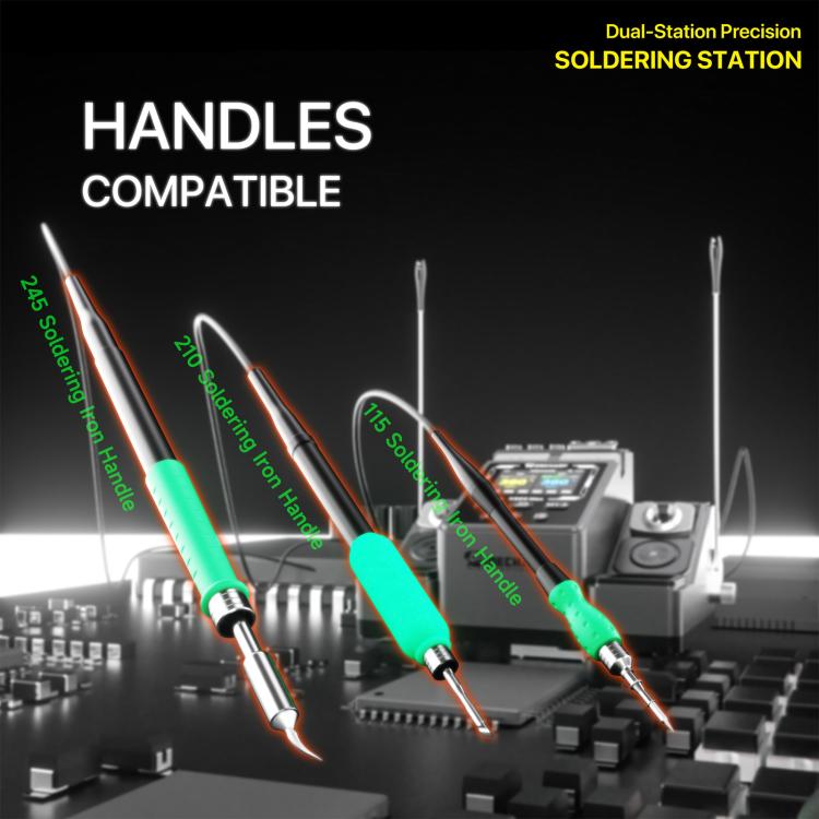 Green pen-style soldering iron handles with interchangeable tips and dual-station base