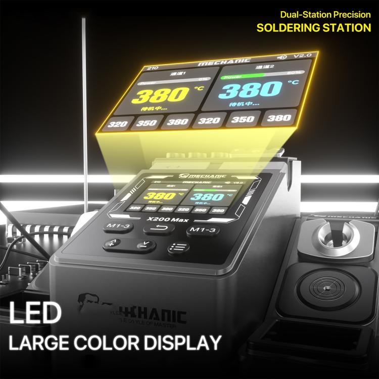 Close-up of soldering station control with large color temperature display and two irons