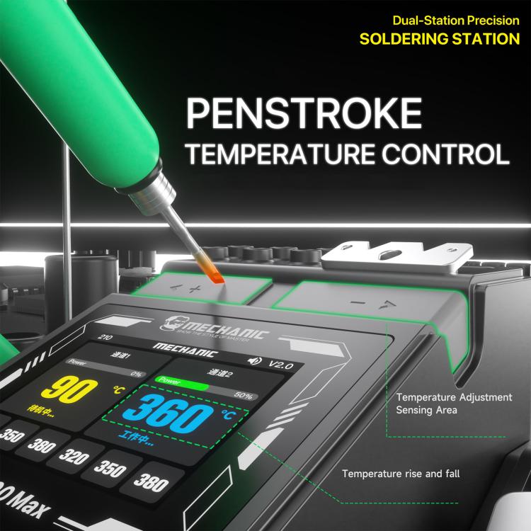 Pen-style soldering iron applying solder on a circuit board next to dual temperature controls