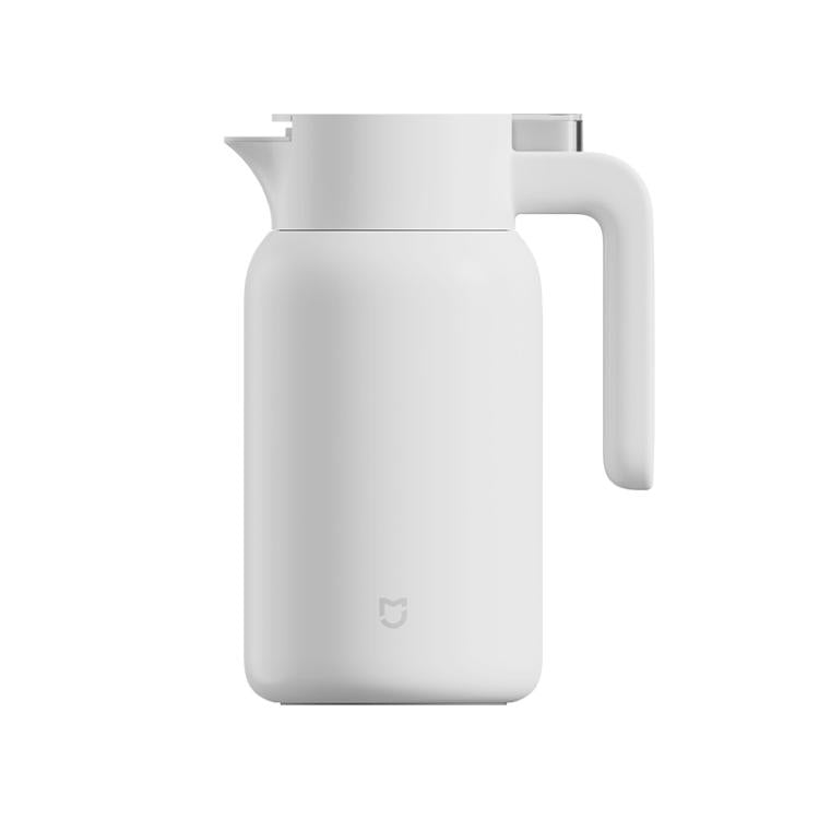 White insulated thermos flask with side handle and curved spout