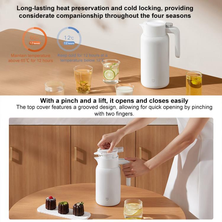 White thermos flask with lid opening button and pinch-lift top cover