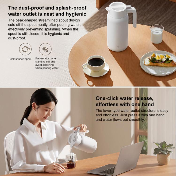 White thermos flask with spout showing dustproof, splashproof outlet design