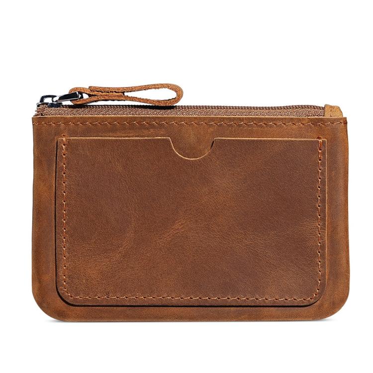 Brown leather coin purse wallet with zipper and wrist strap, front panel and stitching