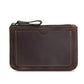 Dark brown leather coin purse wallet with zipper and wrist strap, front panel and stitching