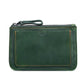 Green leather coin purse wallet with zipper and wrist strap, front panel with contrast stitching