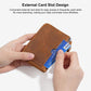 Brown leather wallet coin purse with external card slot and zipper, card inside
