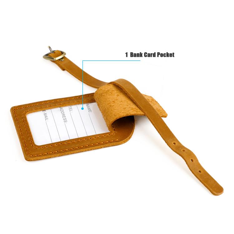 Tan leather card holder with pocket and buckled strap for luggage tag, stitched edges