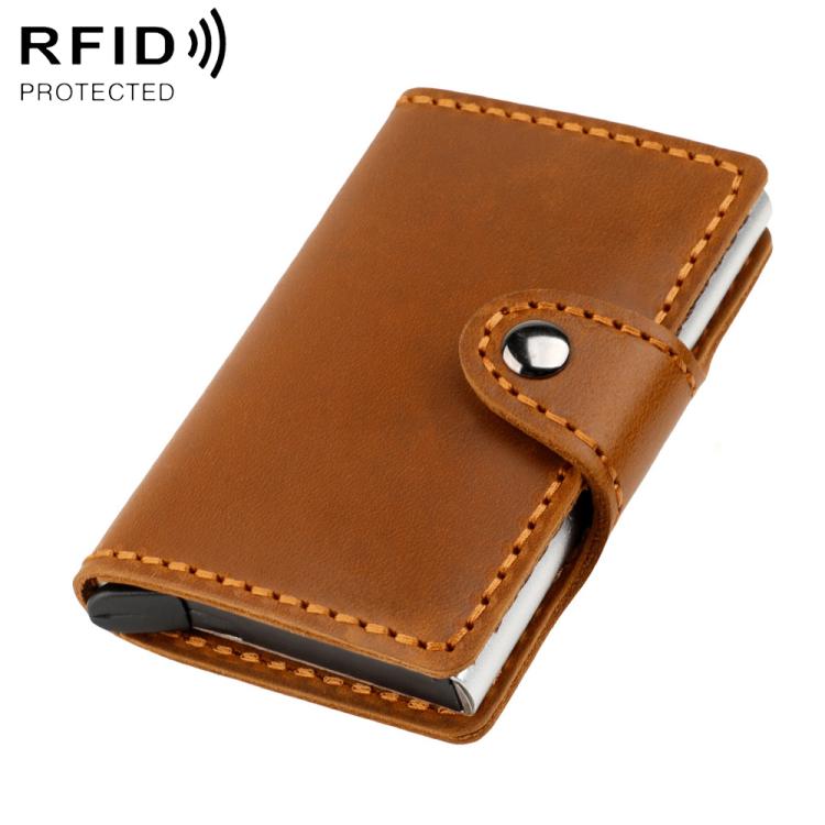 Crazy Horse Genuine Leather Auto Pop-up Aluminum Box RFID Anti-magnetic Card Holder