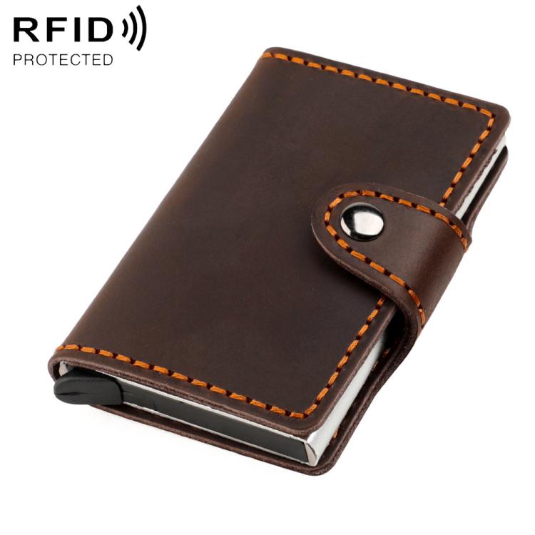 Crazy Horse Genuine Leather Auto Pop-up Aluminum Box RFID Anti-magnetic Card Holder