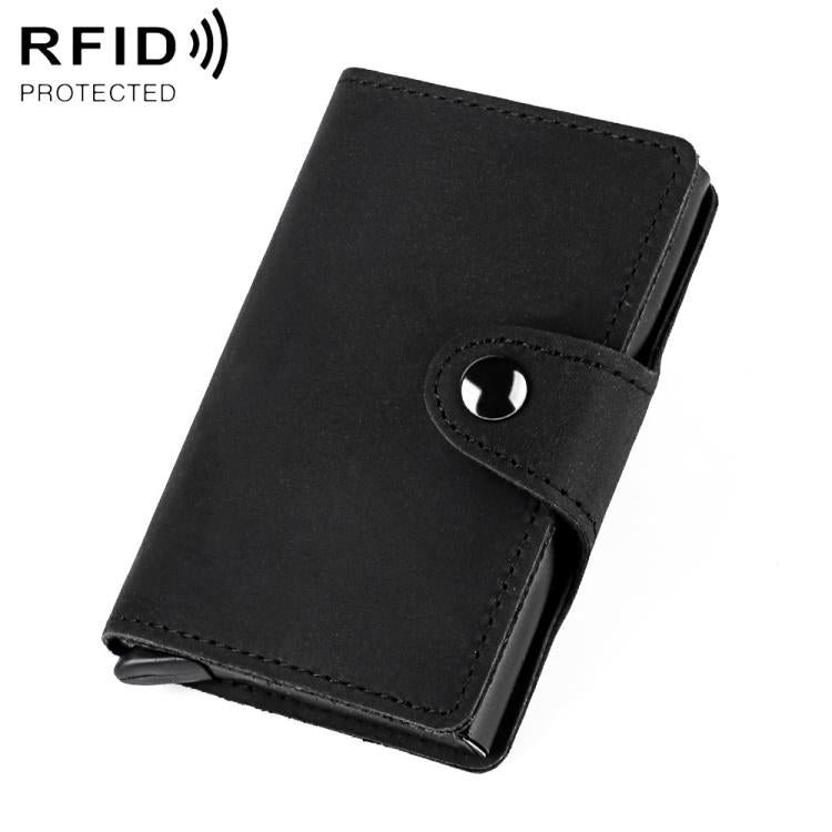Crazy Horse Genuine Leather Auto Pop-up Aluminum Box RFID Anti-magnetic Card Holder