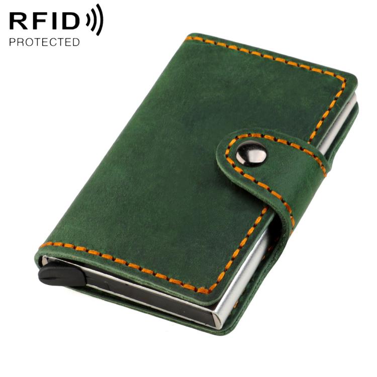 Crazy Horse Genuine Leather Auto Pop-up Aluminum Box RFID Anti-magnetic Card Holder